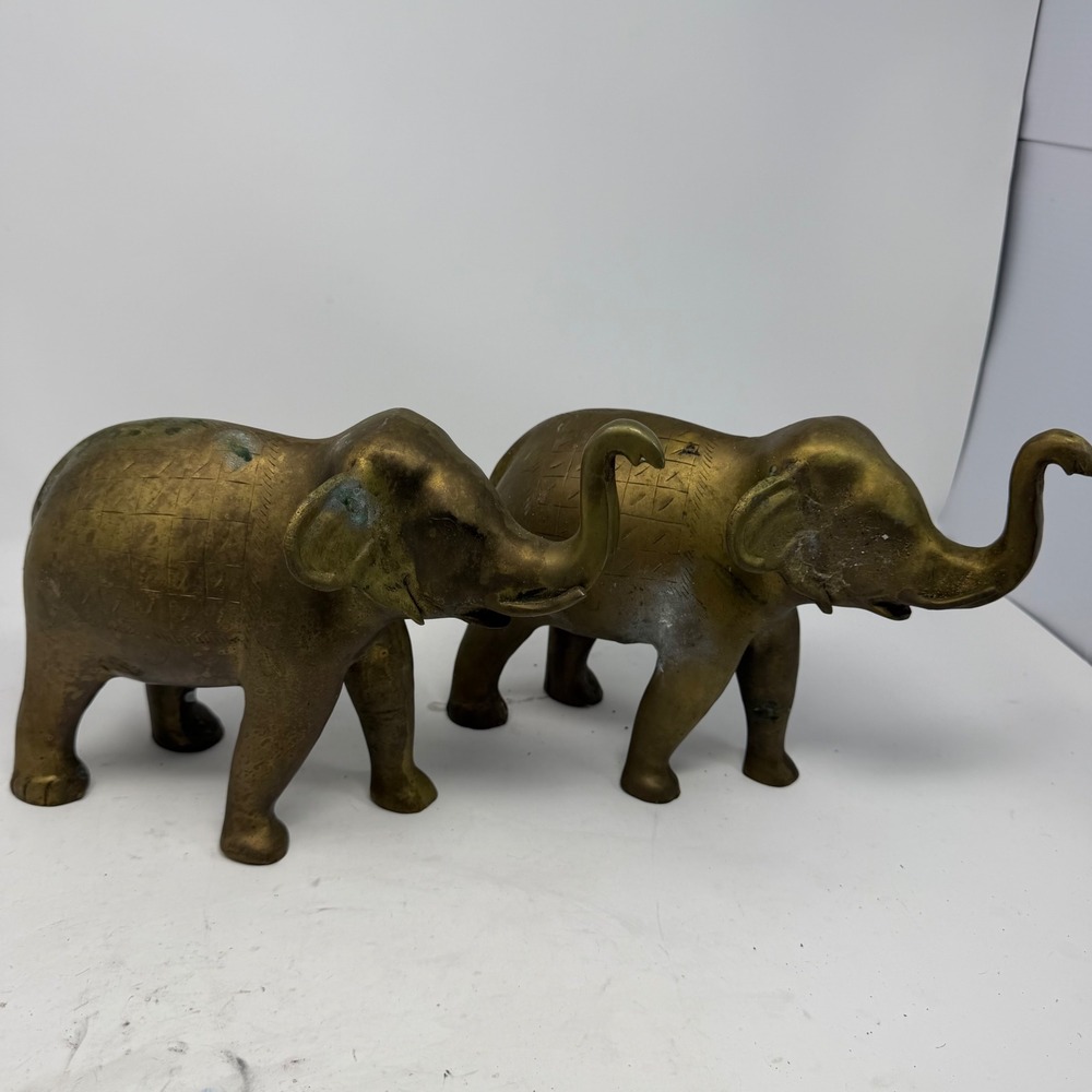 Vintage Brass Elephant Figurines Pair Etched Lucky Trunk Up Statues Set of 2